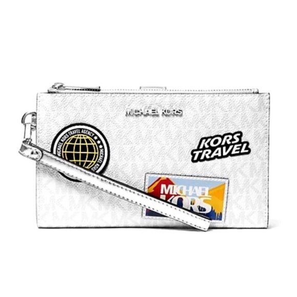 New Michael Kors Jet Set Travel Large Embellished Logo Wristlet Optic White - Picture 1 of 3